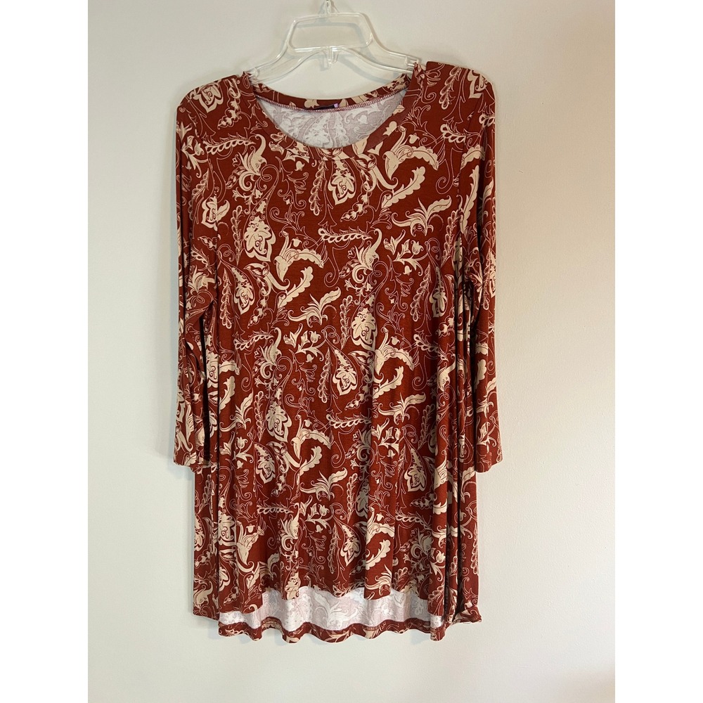 Mountain Mamas Rust Orange Paisley Long Sleeve Tunic‎ Top Size S/M Boho Stretch